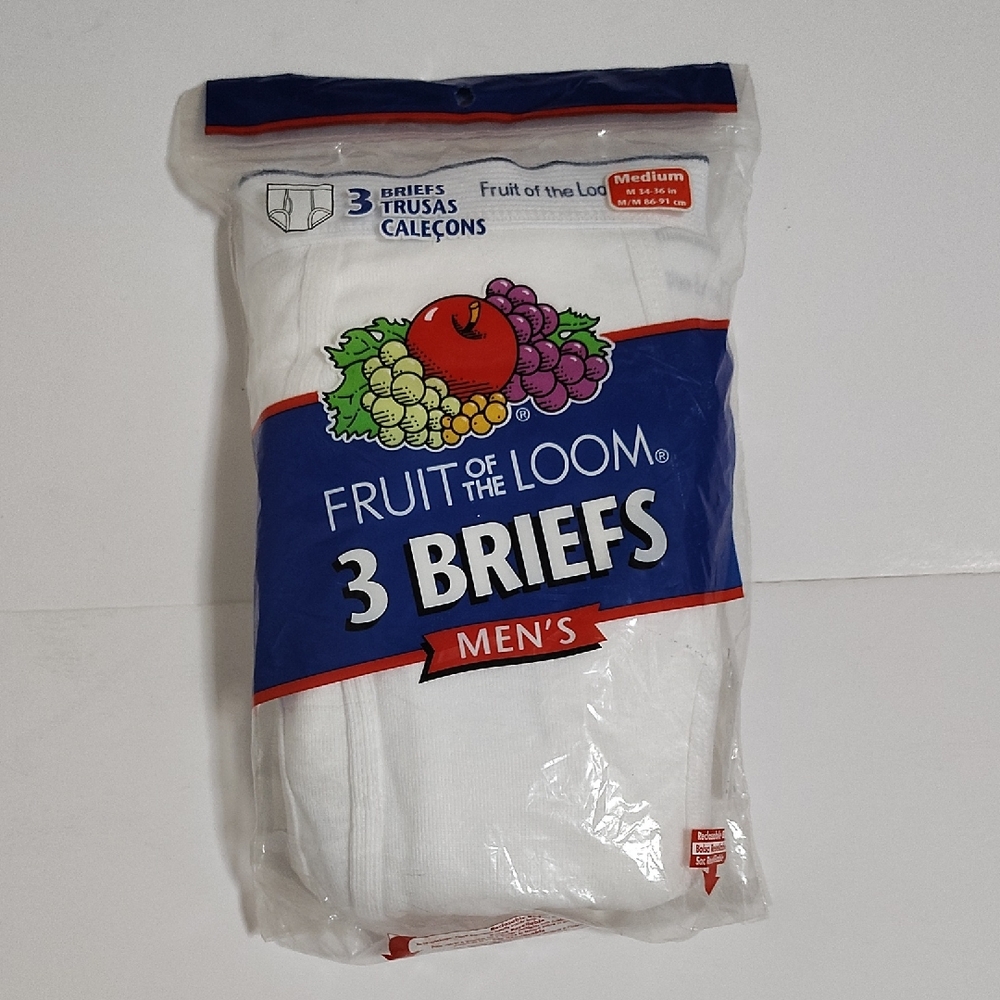 Y2K Deadstock Fruit of the Loom Mens 3 Pack White Briefs 100% Cotton, Size 34-36